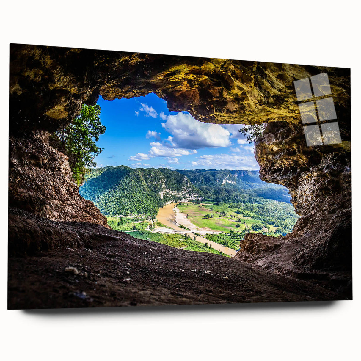 Large abstract wall art of a serene Puerto Rican coastline in soft blue and white tones on acrylic glass.