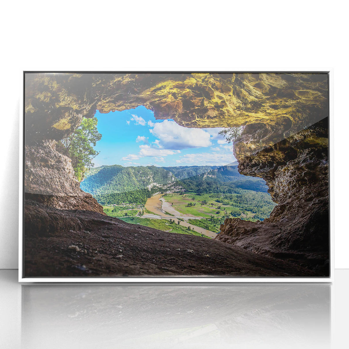 Mid-century modernist art of a Caribbean scene in acrylic, framed in white, featuring serene blue and green tones.