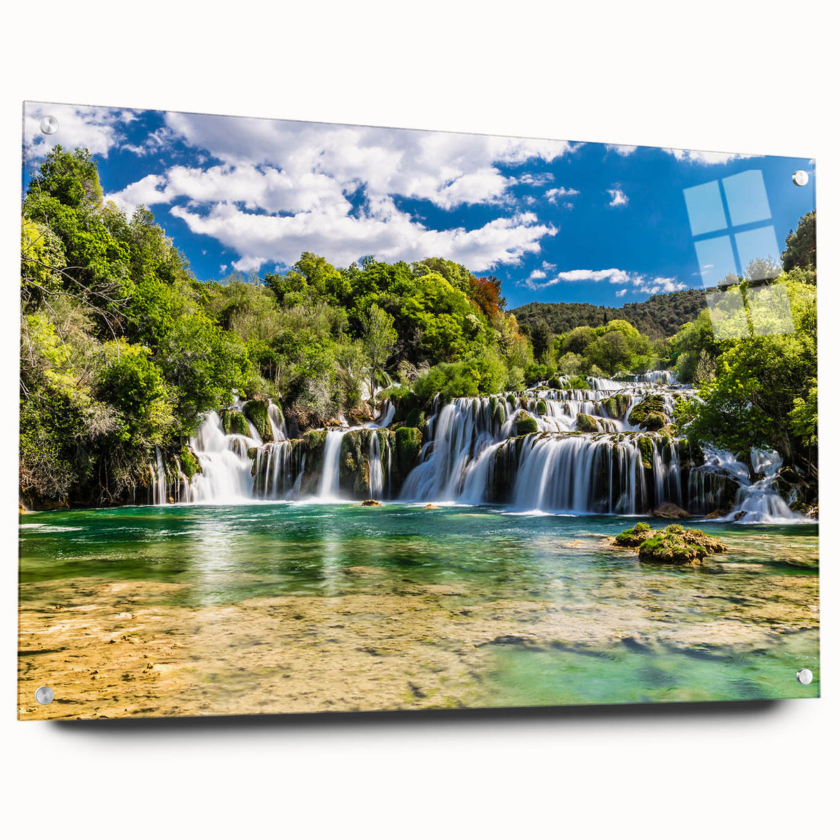 Large abstract wall art of a Croatian landscape, in muted earth tones on acrylic glass.