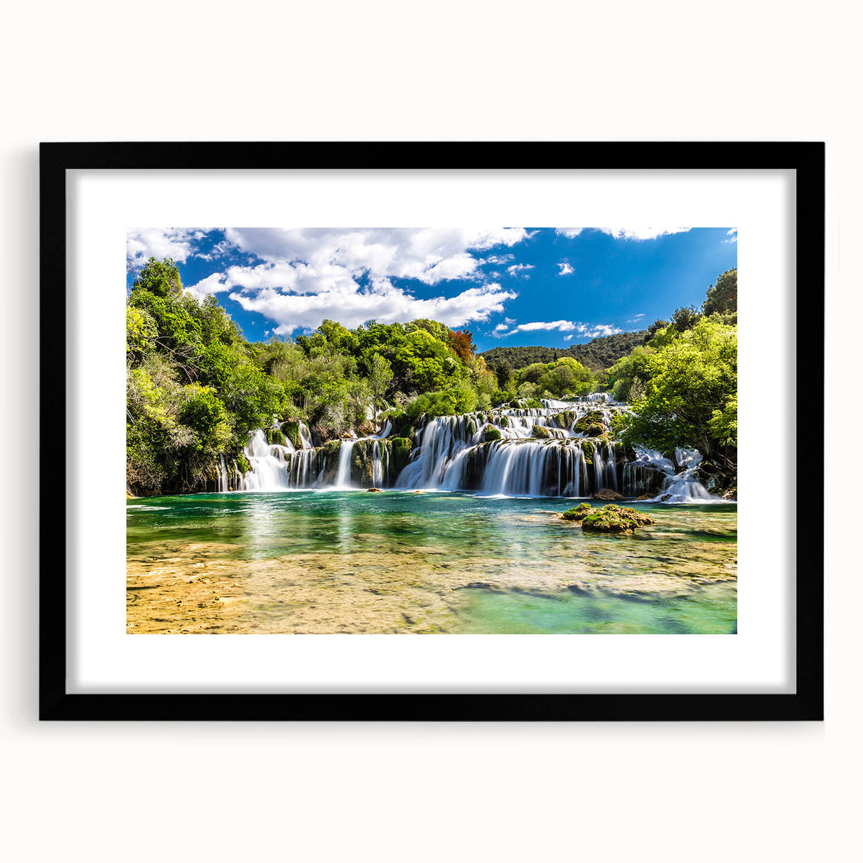Extra large colorful abstract art print of a Croatian landscape, with textured details, in a black frame.
