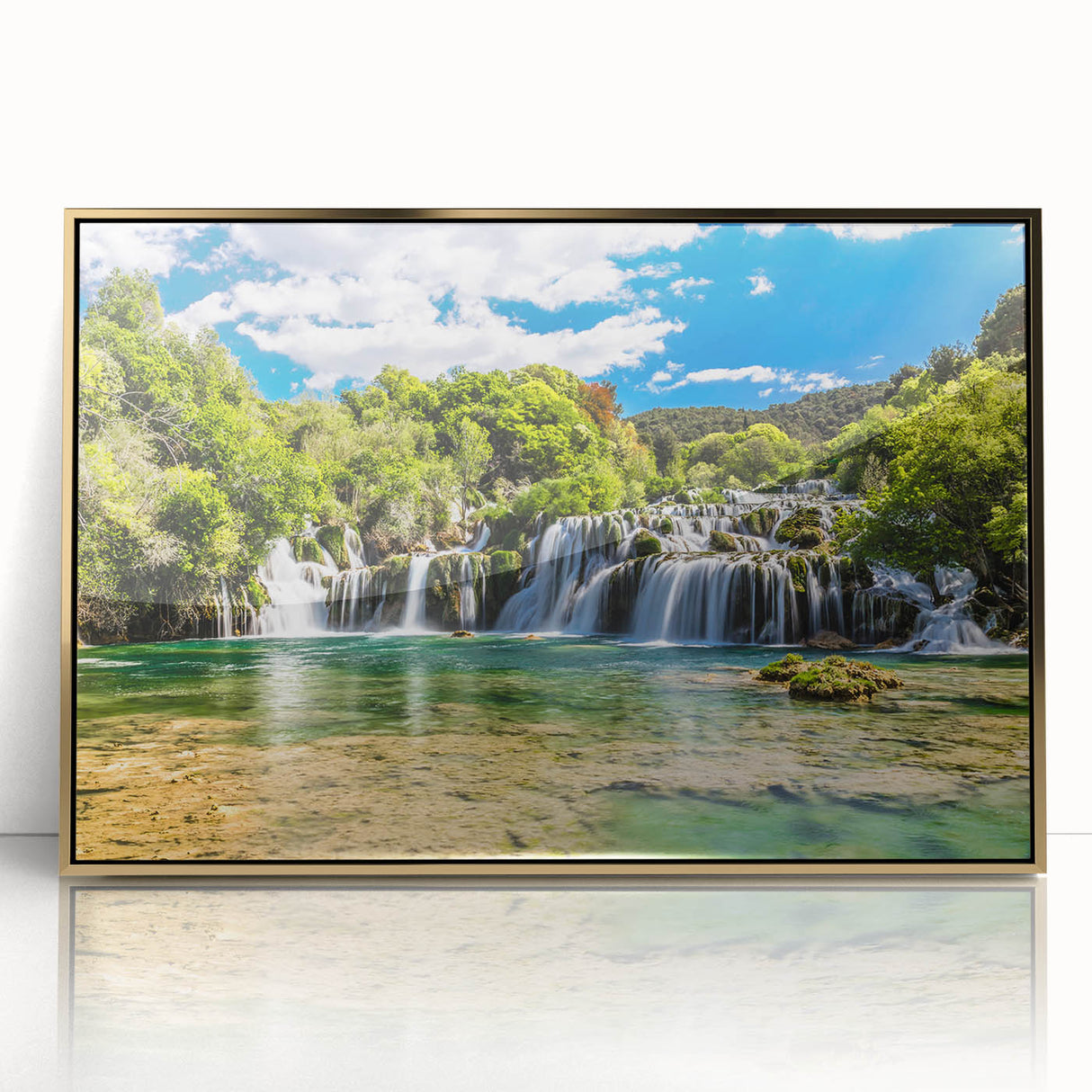 Art deco poster of a Croatian landscape in muted gold and blue tones, framed acrylic, ideal for modern art wall decor.