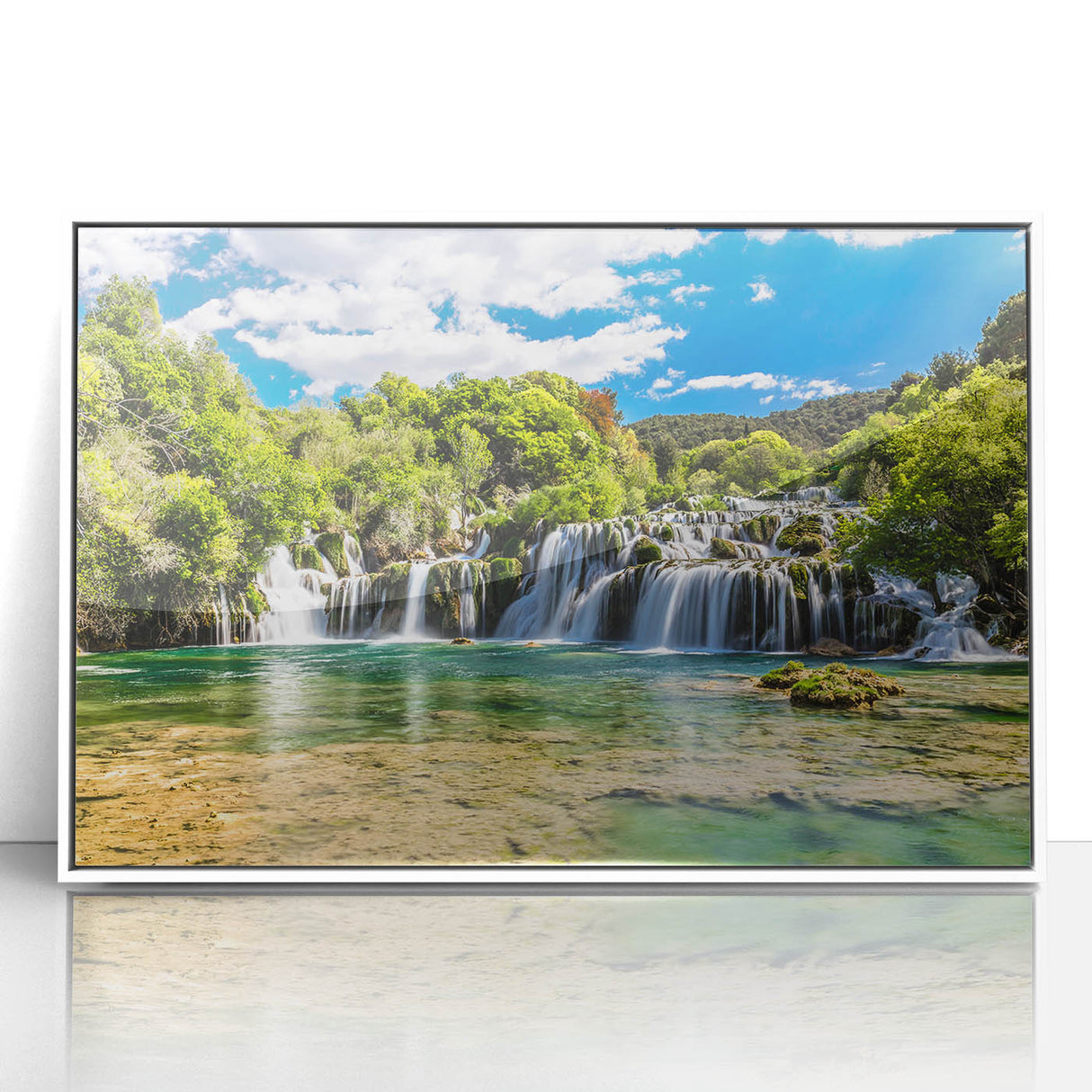 Mid-century modernist art depicting a Croatian coastal scene in muted blues and greens on a framed acrylic.