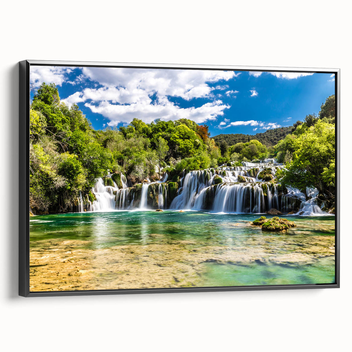 Black and white framed canvas featuring a vintage landscape of a Croatian scene, ideal for bedroom wall decor.