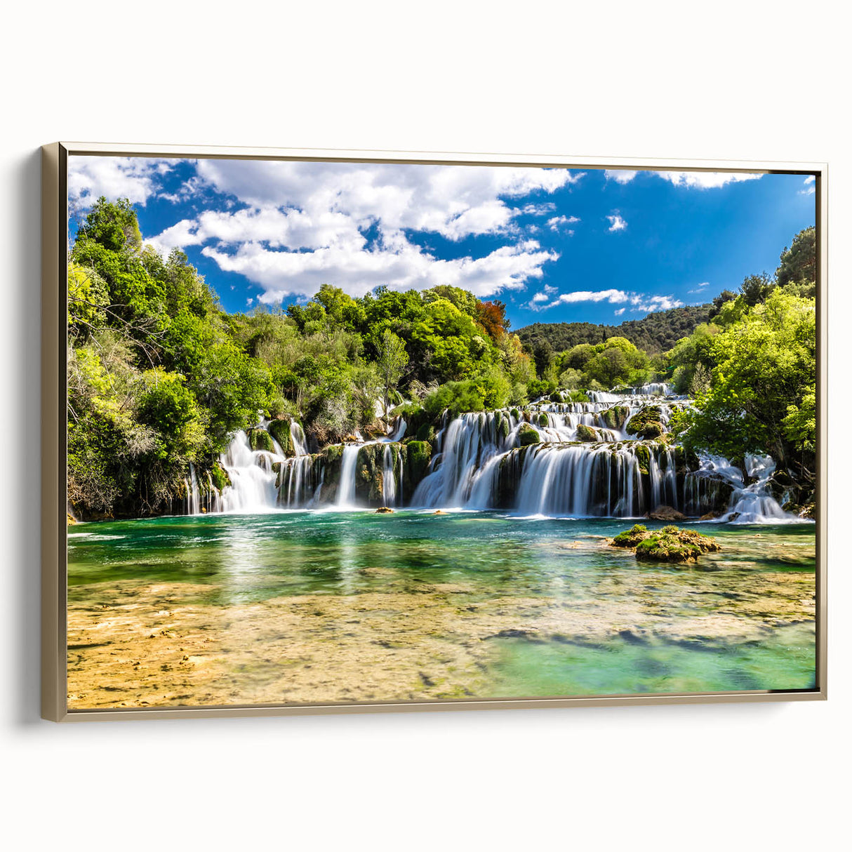 Framed canvas featuring a vintage-style landscape painting of a Croatian scenery, ideal for bedroom wall art.