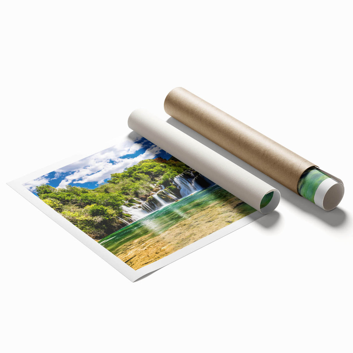 Large rolled print of a Croatian landscape with vibrant greenery and ocean, ideal for classy bathroom wall art.