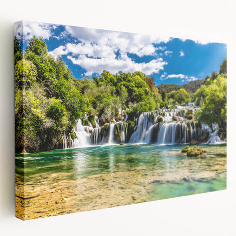 Large canvas print of a Croatian coastal scene in soft blue and white tones, suitable for kitchen wall art.