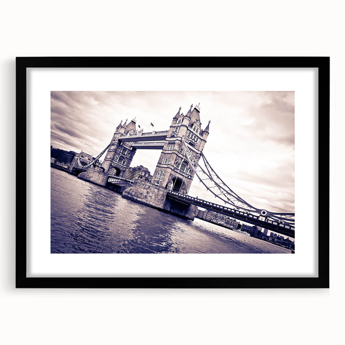 Extra large abstract art print of a colorful, textured London skyline on a framed canvas, ideal for living room decor.