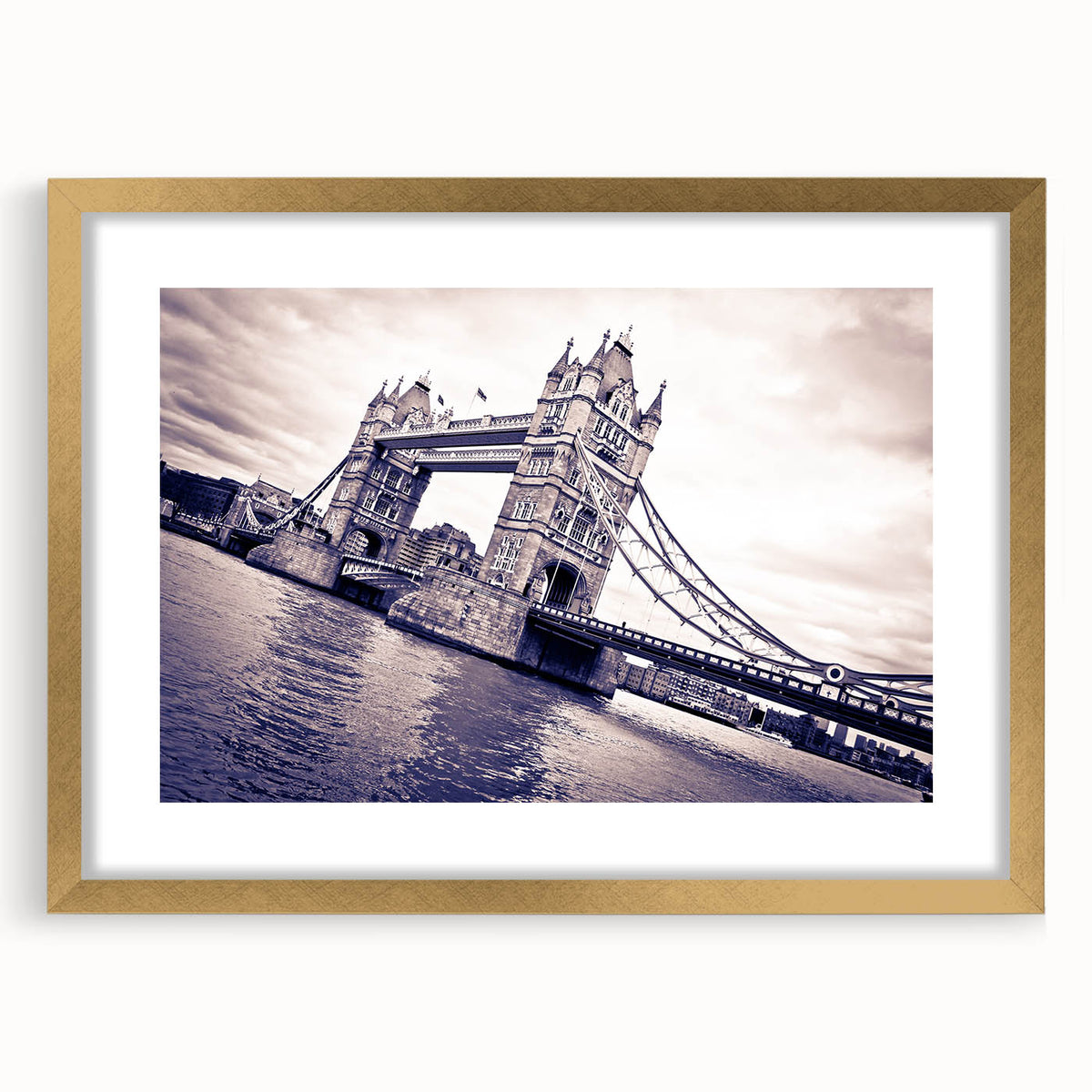 Abstract art print of London scenery in muted gold and gray tones on a framed canvas, suitable for dining room decor.