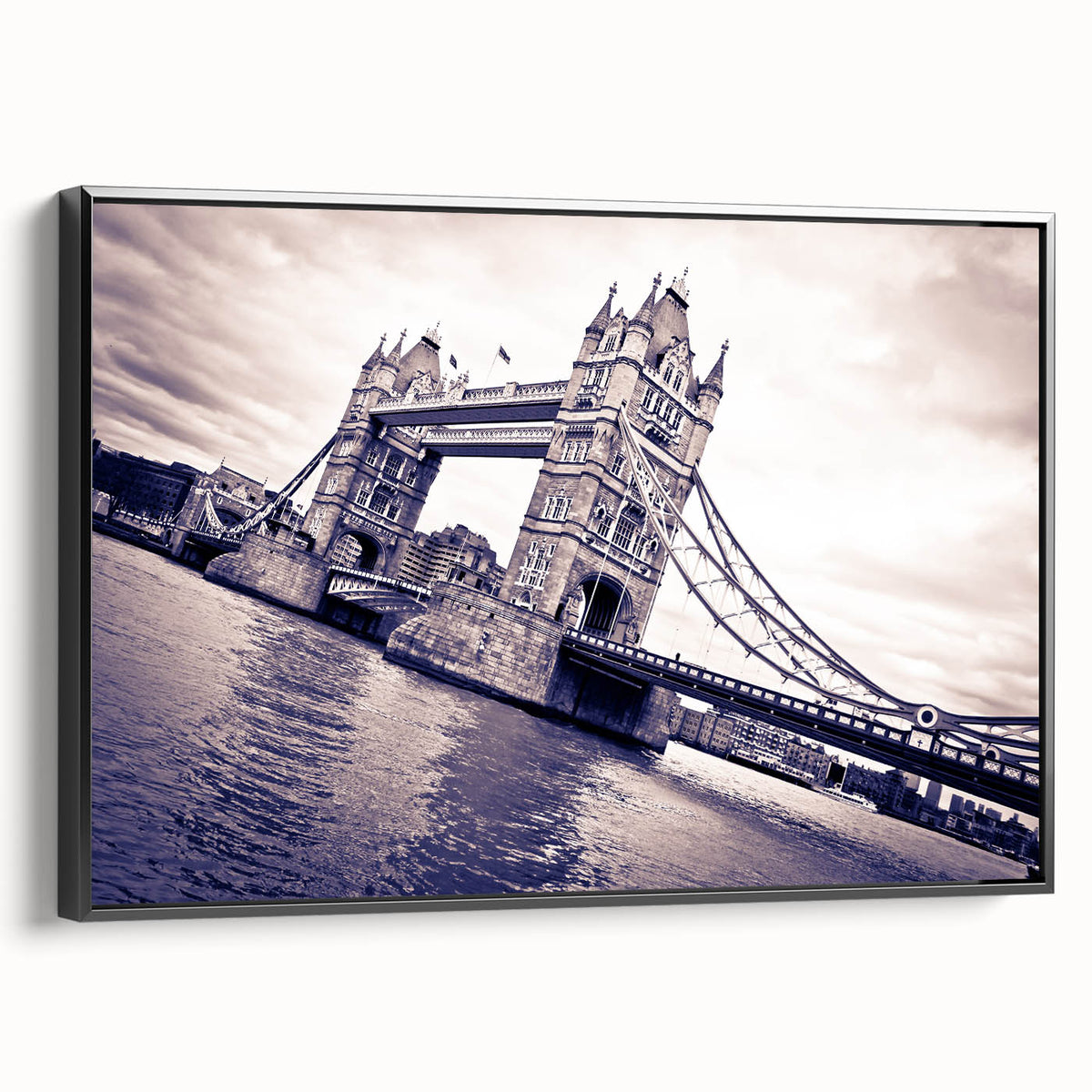 Black and white wall art of the London skyline on framed canvas, featuring vintage poster art style, ideal for bedroom decor.