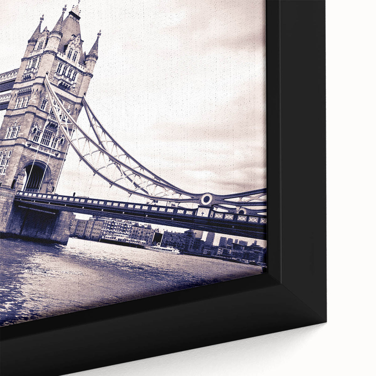 Close-up of black wall art featuring a textured London skyline in colorful hues, framed canvas, ideal for living room decor.