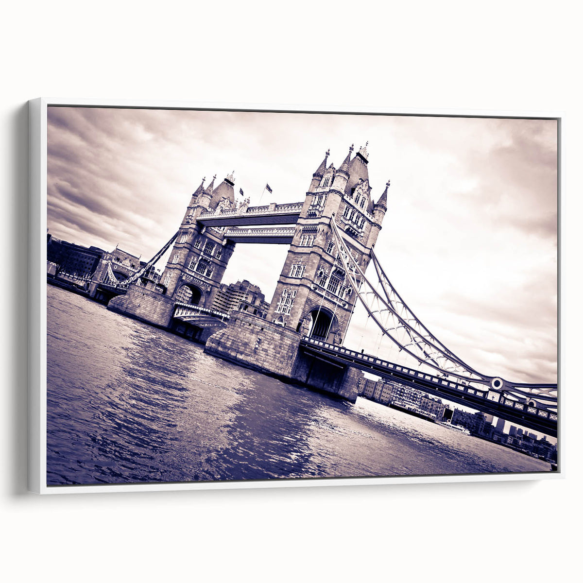 Vintage poster art of London landmarks in colorful tones on a large framed canvas, suited for living room decor.