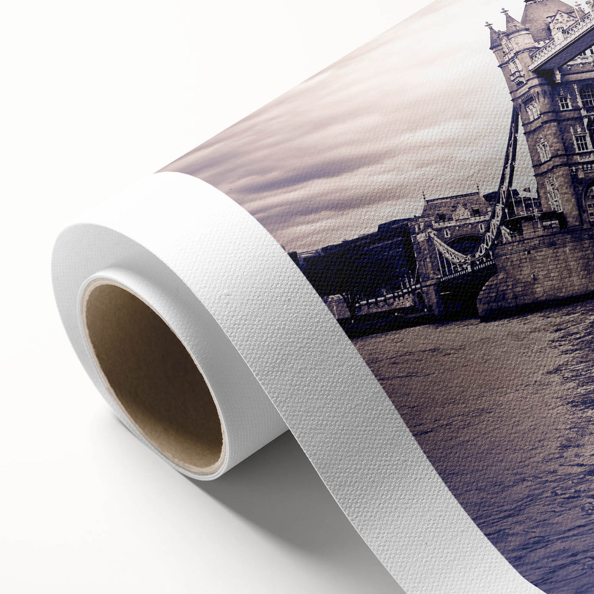 Art Deco poster of London scenery on rolled canvas, featuring muted earth tones, ideal for nursery wall art.