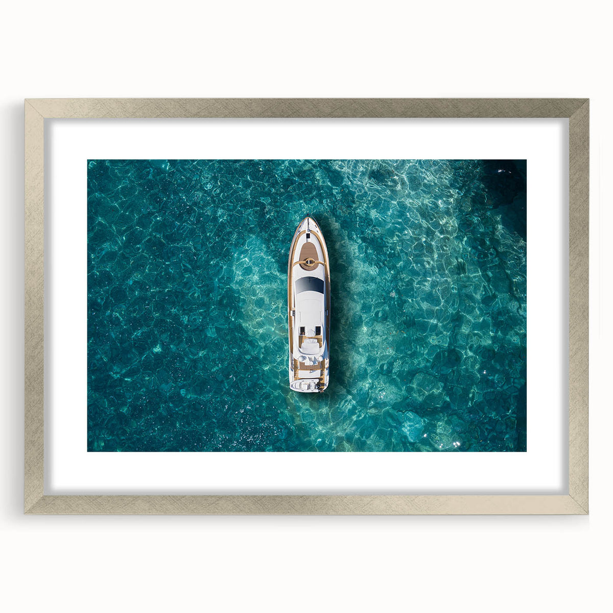 Extra large abstract art print of Portofino, Italy, in silver frame, featuring textured hues of blue and green.