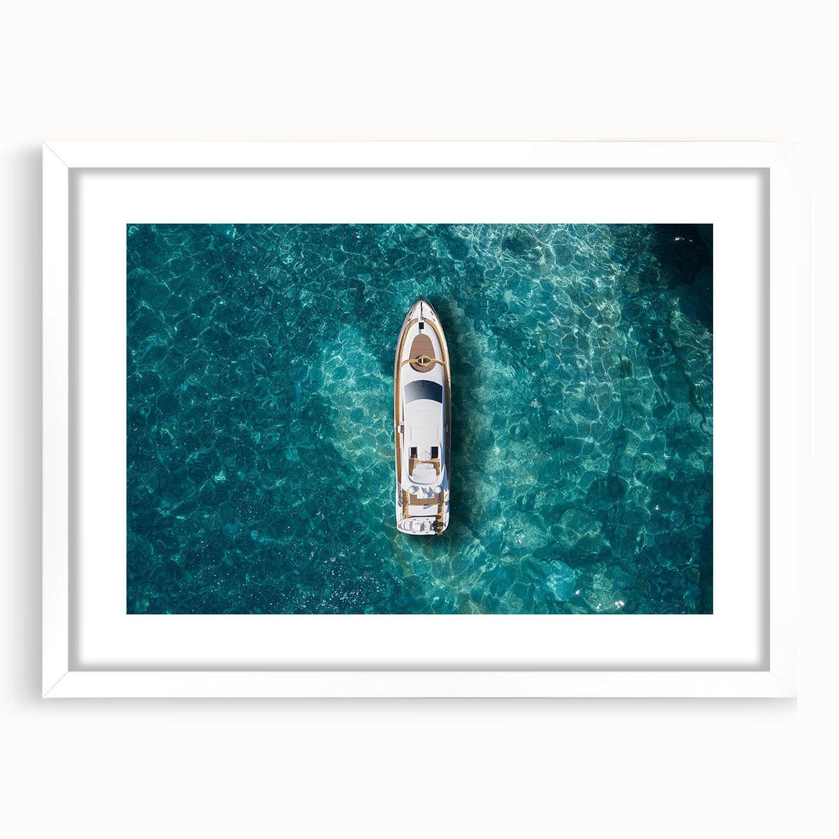 Textured art print of Portofino scenery in abstract style, with muted blue and green tones on a white framed mat.