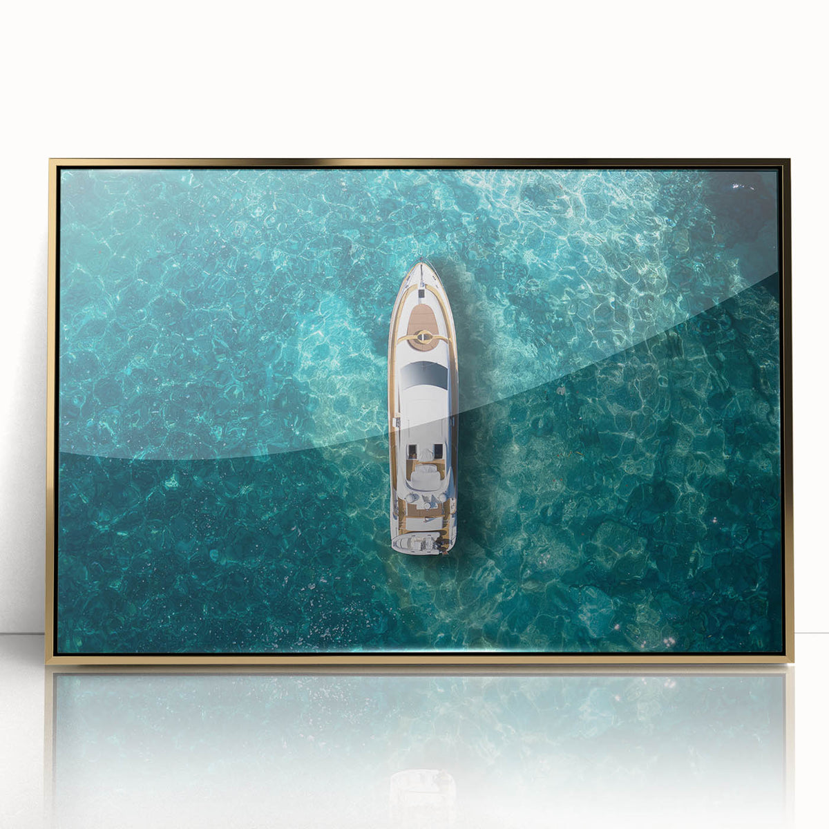 Acrylic print of Portofino, Italy scenery in art deco style with gold frame, suitable as modern art wall decor.