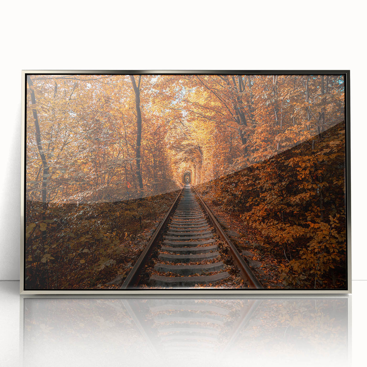 Mid-century modernist art depicting a serene Ukrainian landscape in soft pastel hues, framed in silver acrylic.