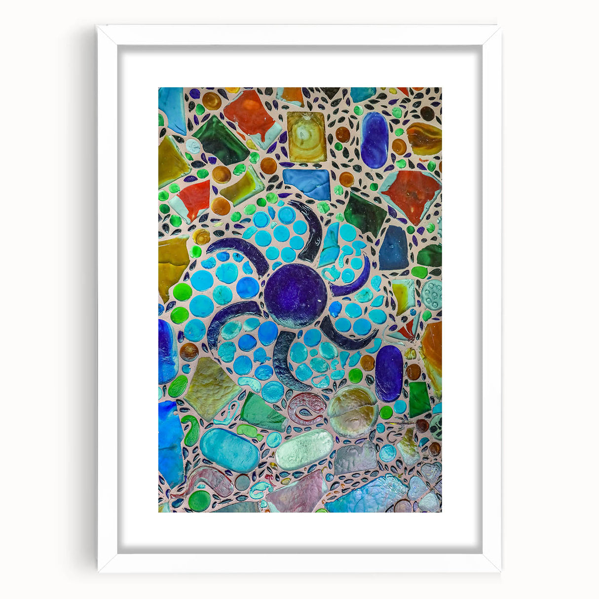 Abstract art print of Cabo San Lucas with vibrant blue and green tones on a framed white mat, ideal for dining room decor.
