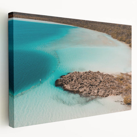 Large stretched canvas depicting a serene Quintana Roo landscape in soft blue and green hues, suitable for kitchen wall art.