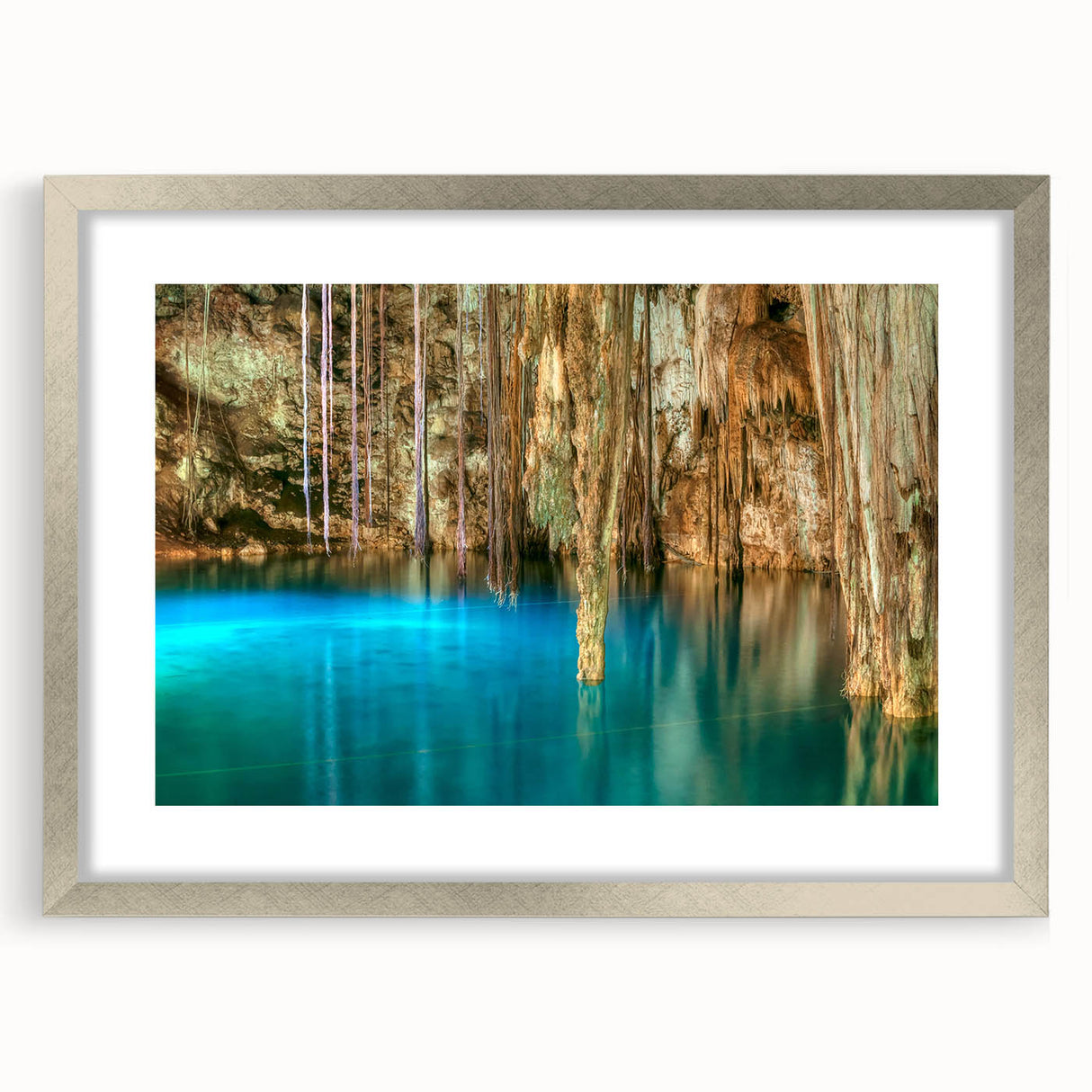 Abstract art print of Yucatan scenery in textured style, featuring earthy tones on a silver-framed canvas.