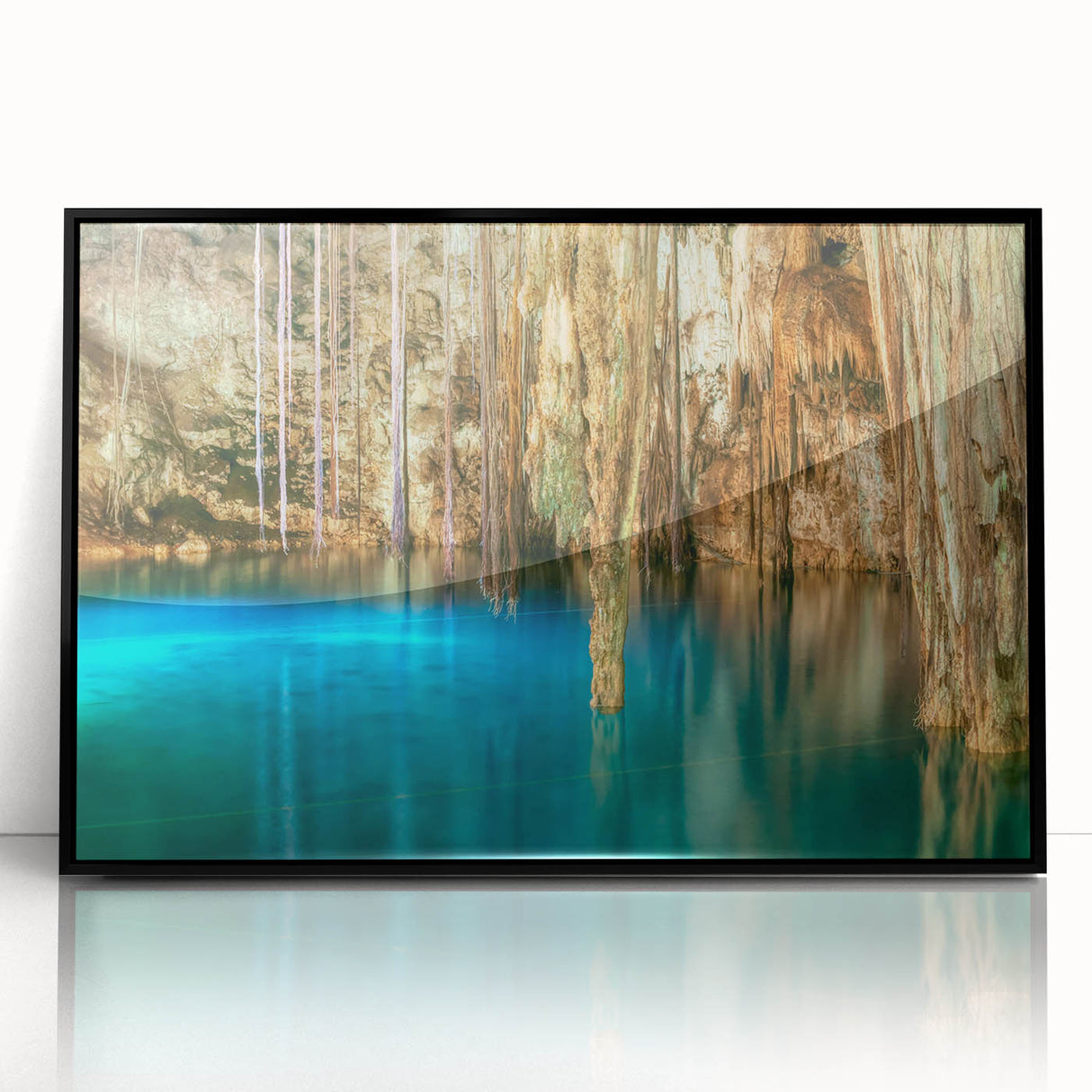 Large abstract wall art depicting a Yucatan scenery in muted earth tones on a framed acrylic, suitable for modern home decor.