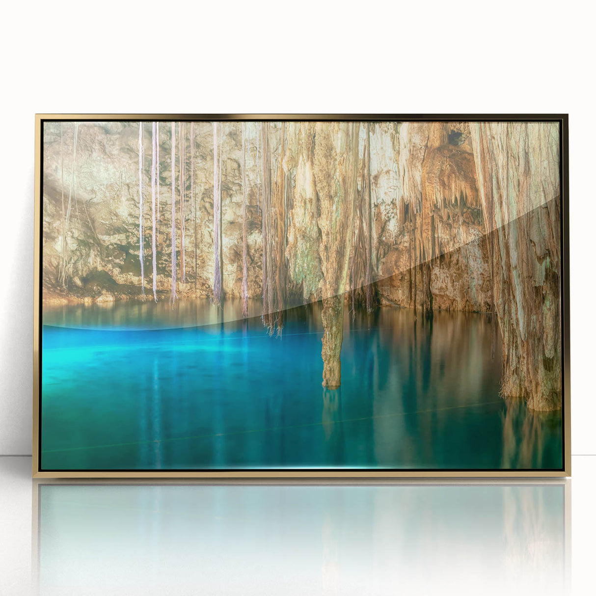 Framed acrylic print of Yucatan scenery with lush greenery and a gold frame, in mid-century modernist style.