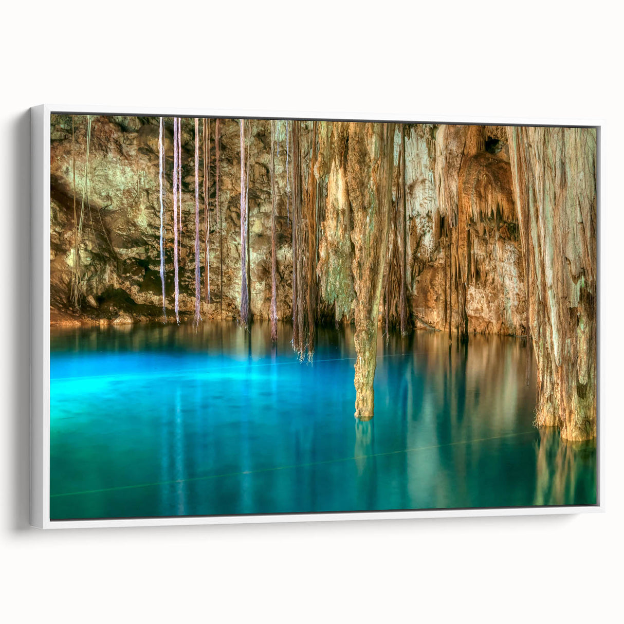 Vintage poster art of Yucatan scenery, colorful palette on extra large framed canvas, ideal for living room.