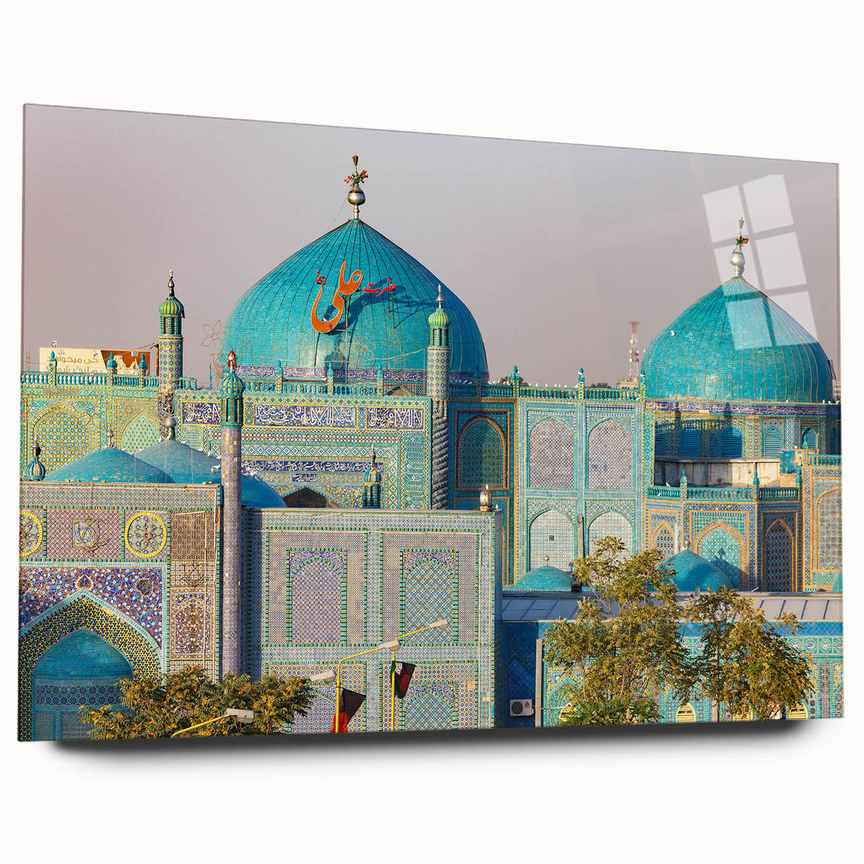 Large abstract wall art depicting a Middle Eastern scenery in muted earth tones on acrylic glass.