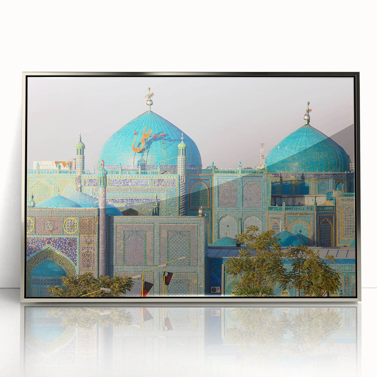 Mid-century modernist art depicting a serene Middle Eastern landscape in muted earth tones, framed acrylic print.