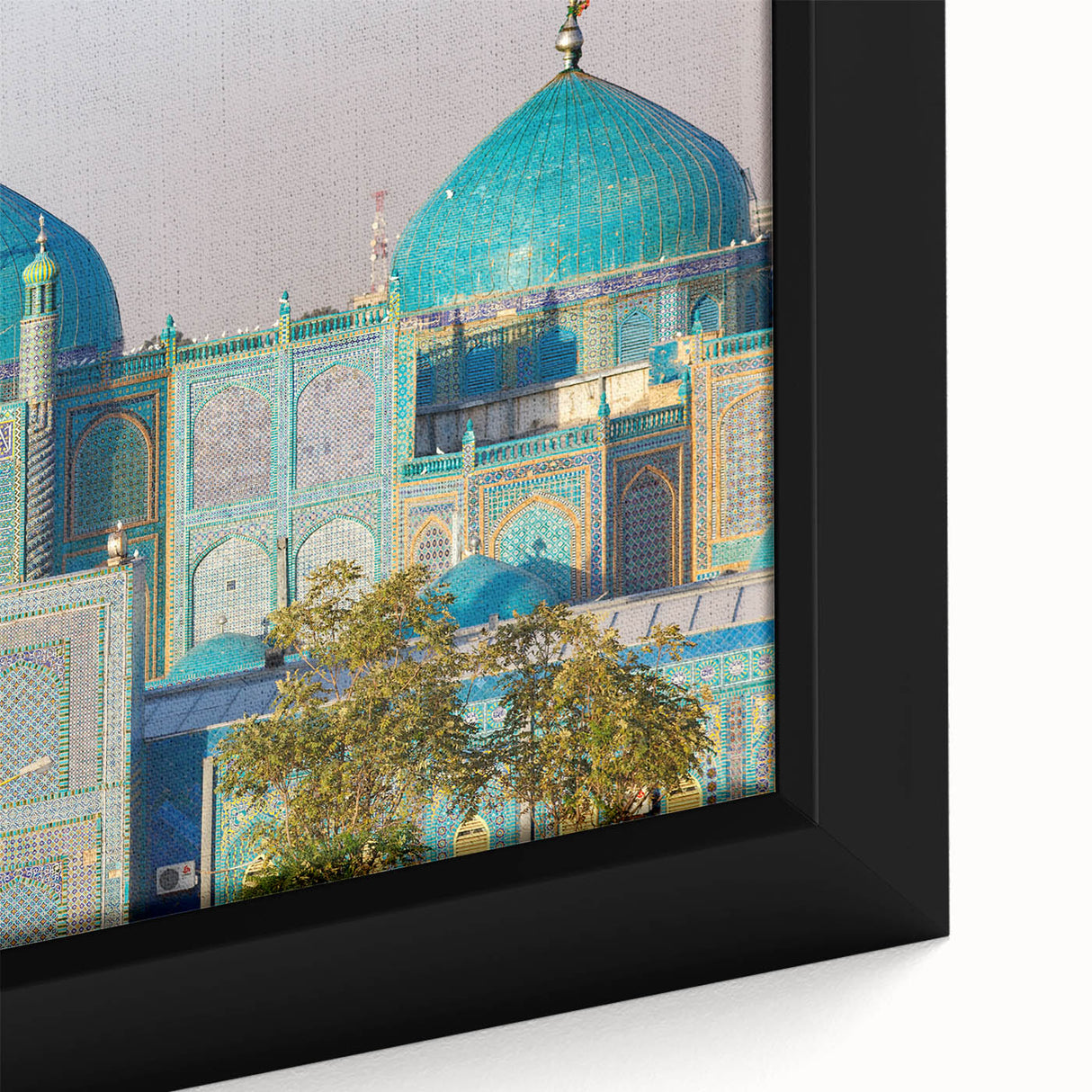 Extra large framed canvas depicting a textured Middle Eastern scenery in black with colorful accents.