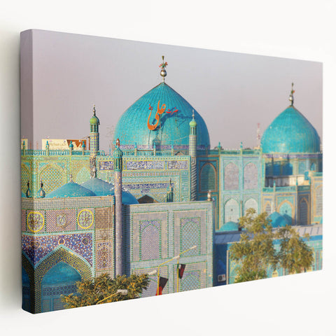 Large canvas print featuring a Middle Eastern landscape in earth tones, ideal for kitchen wall art.