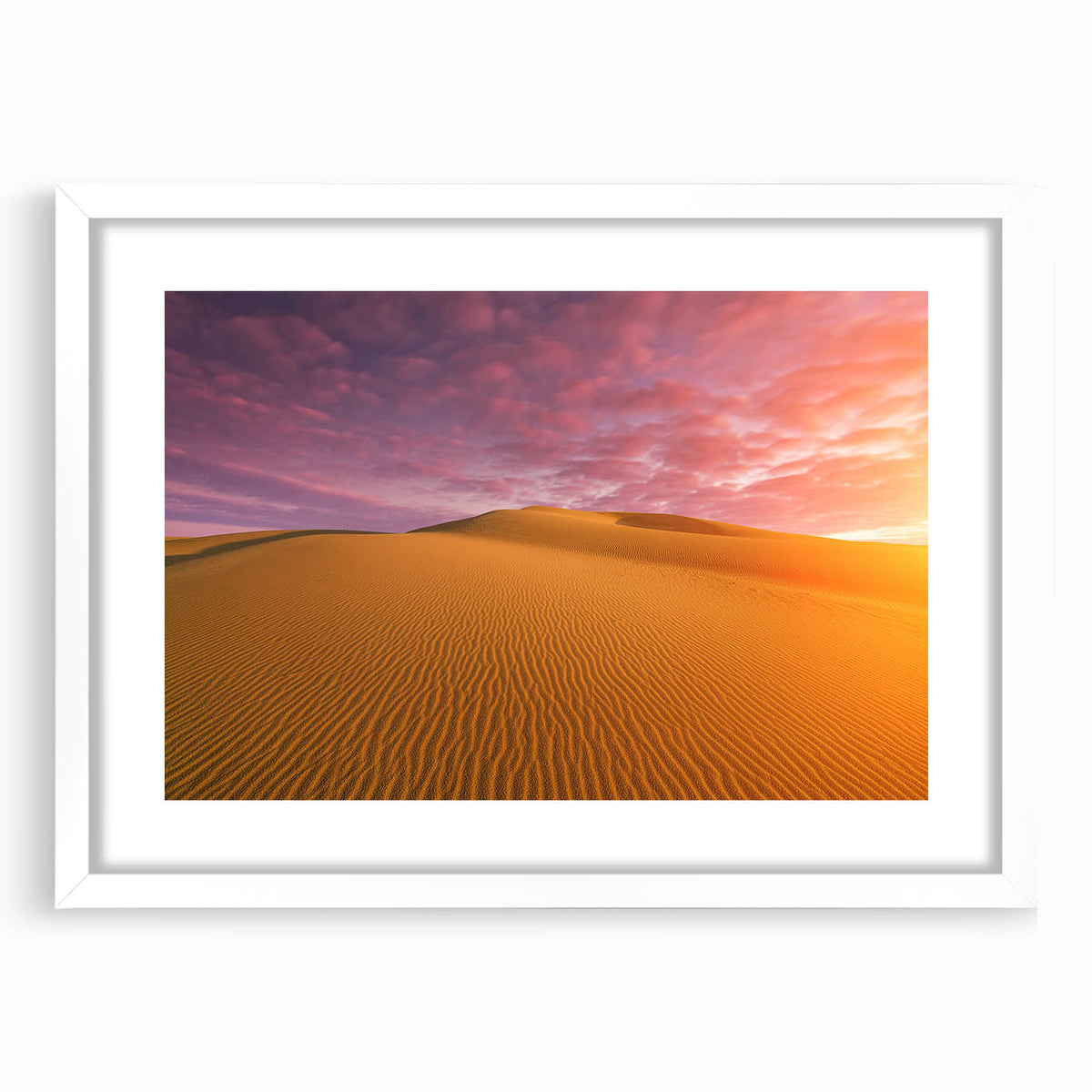 Abstract art print of Dubai skyline in muted gray and blue tones on a framed white mat, suitable for dining room decor.