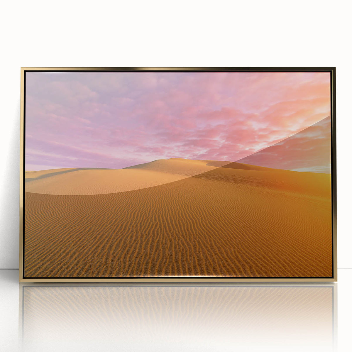 Acrylic print of Dubai skyline in gold tones on a framed canvas, suitable for modern art wall decor.
