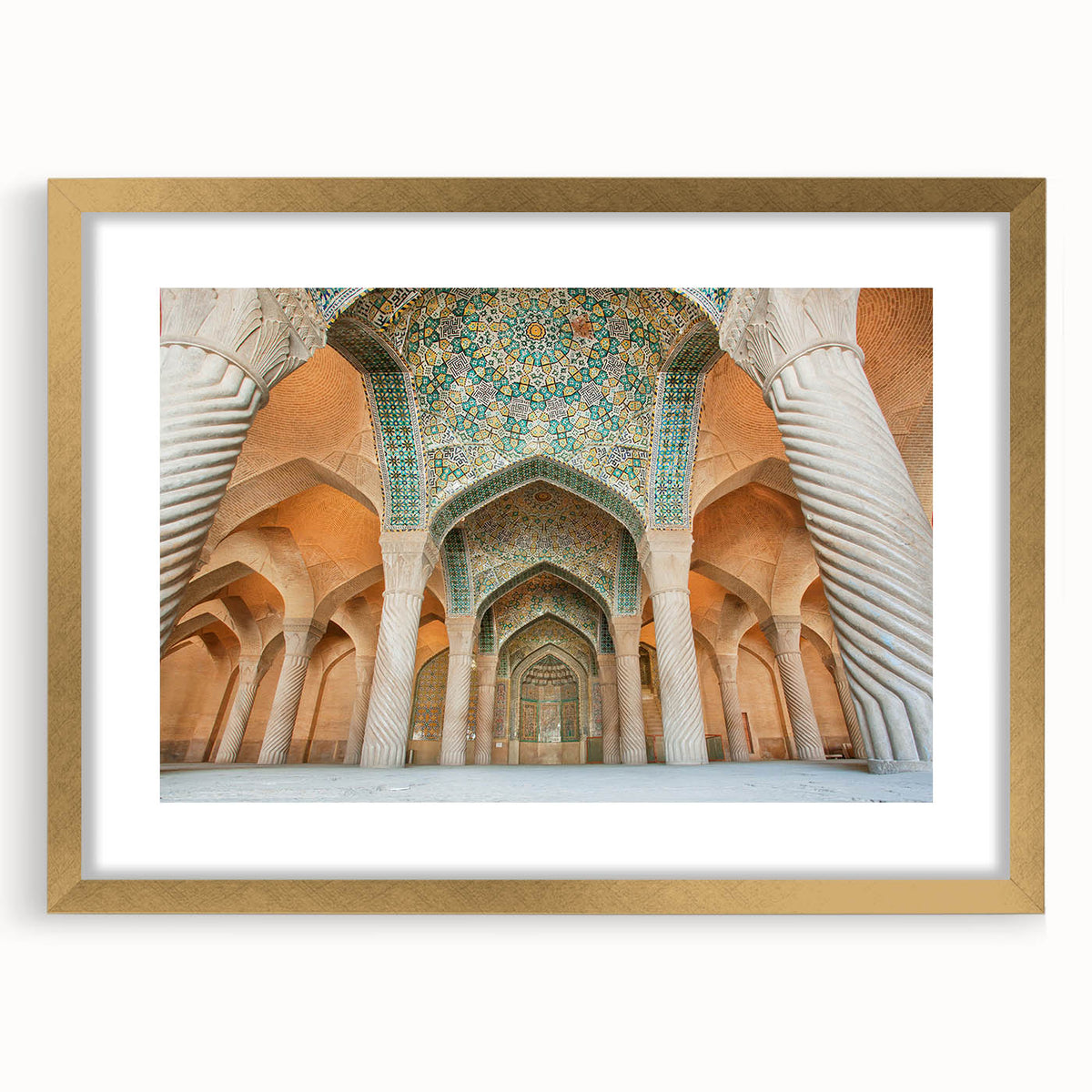 Extra large abstract art print depicting Middle Eastern scenery in textured gold tones on framed canvas.