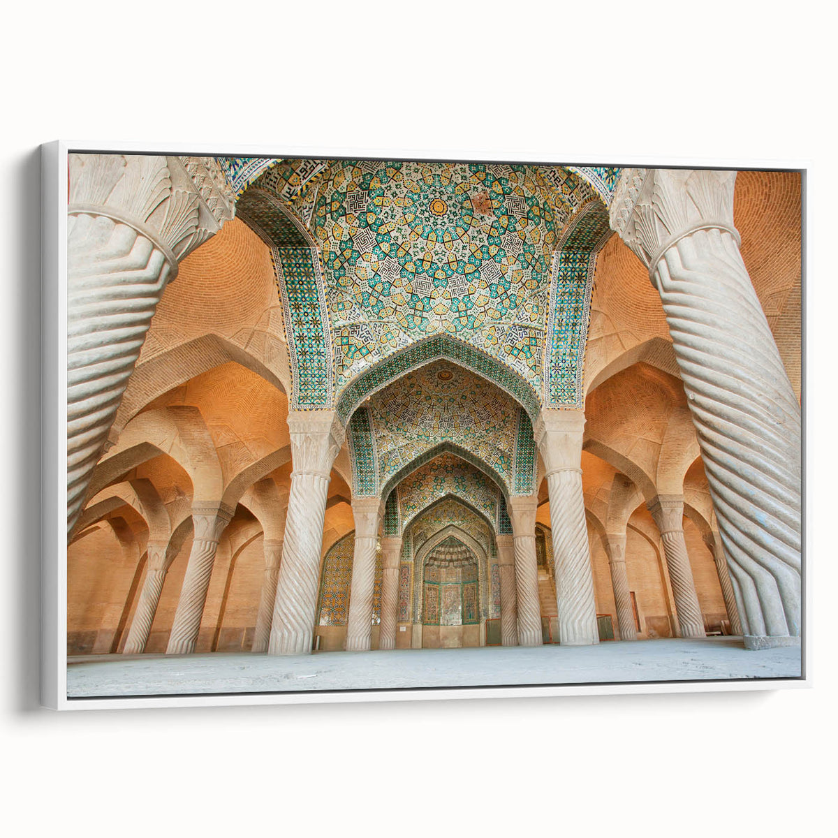Vintage poster art of an Iranian landscape on a framed canvas, featuring colorful art with a dominant black background.