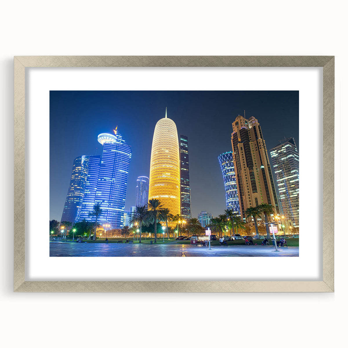 Textured abstract art print of a Middle Eastern scenery in muted earth tones, framed in silver, suitable for bedroom decor.