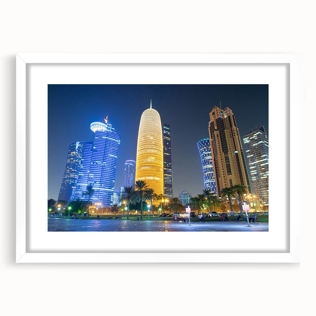 Abstract art print depicting a stylized Middle Eastern landscape in muted earth tones on a white matted frame.