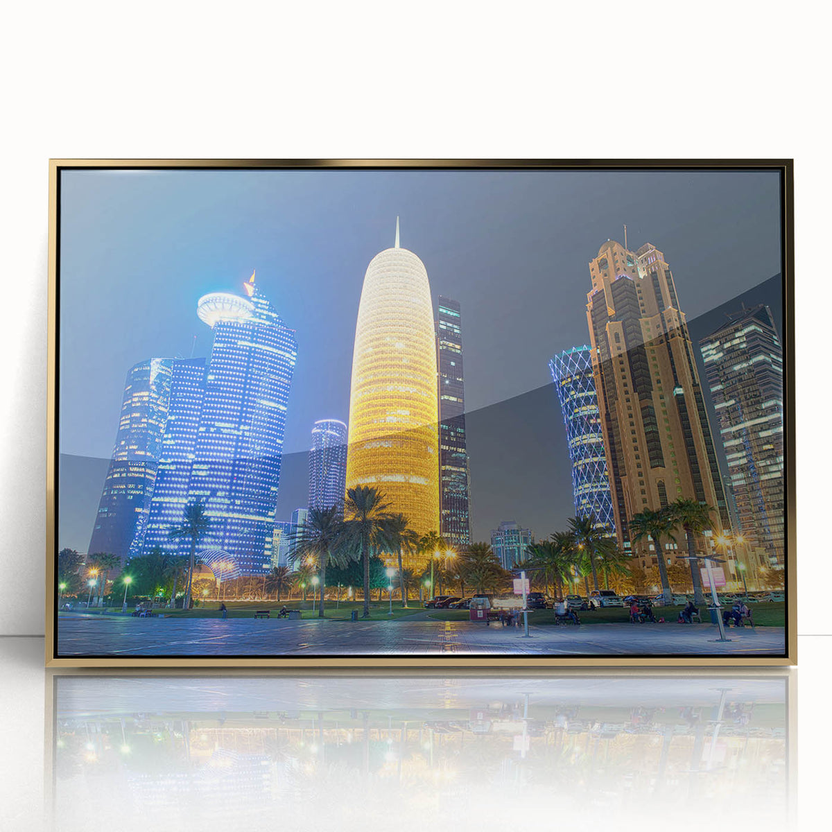 Large acrylic print of Qatar's skyline in gold and blue tones, ideal for modern art wall decor.