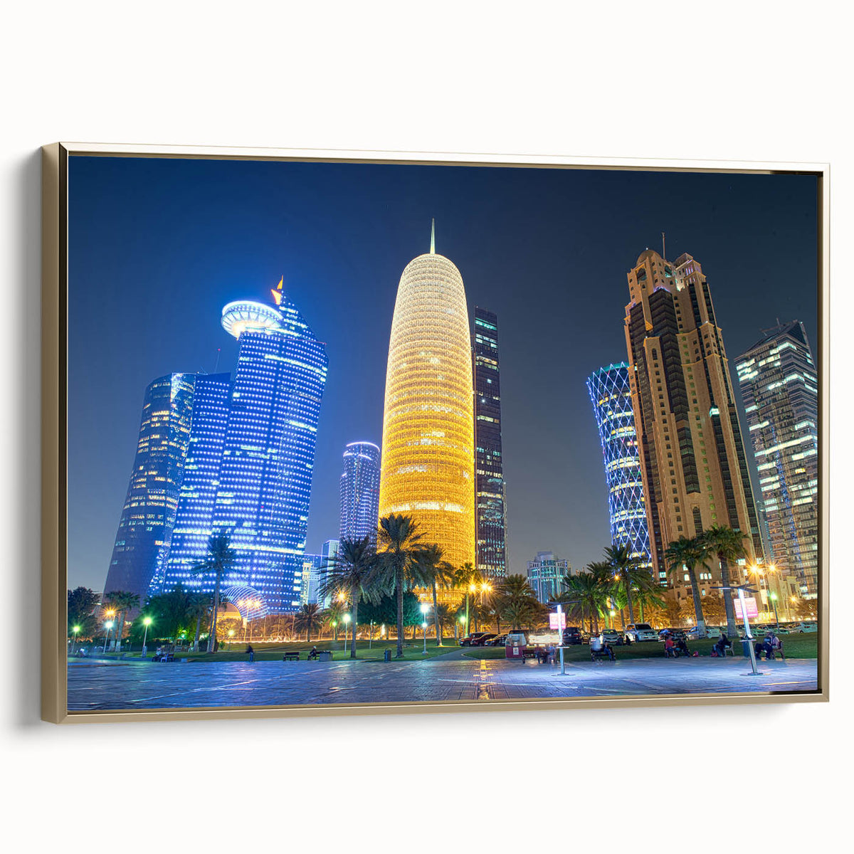 Framed canvas featuring a vintage-style landscape of a Middle Eastern scene in gold and black tones.