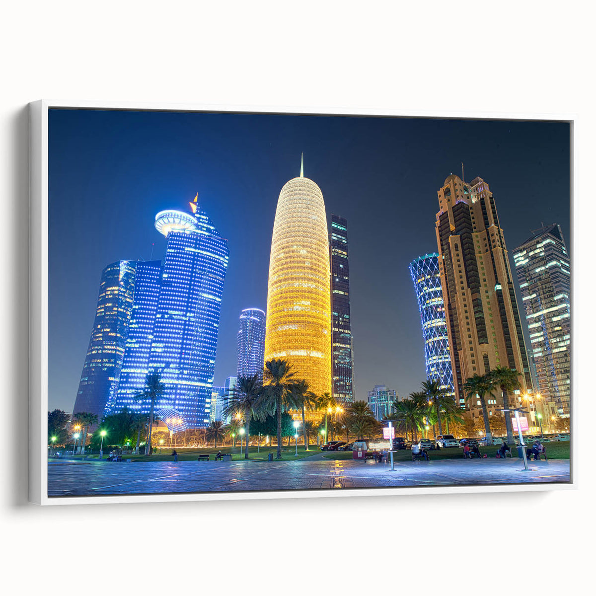 Vintage poster art of a Middle Eastern Qatar scenery on a white-framed canvas.