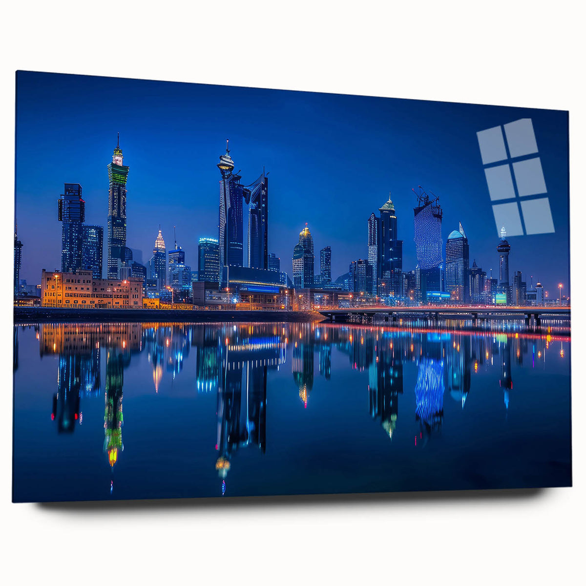 Large abstract wall art depicting a Middle Eastern desert scene in muted earth tones on acrylic glass.