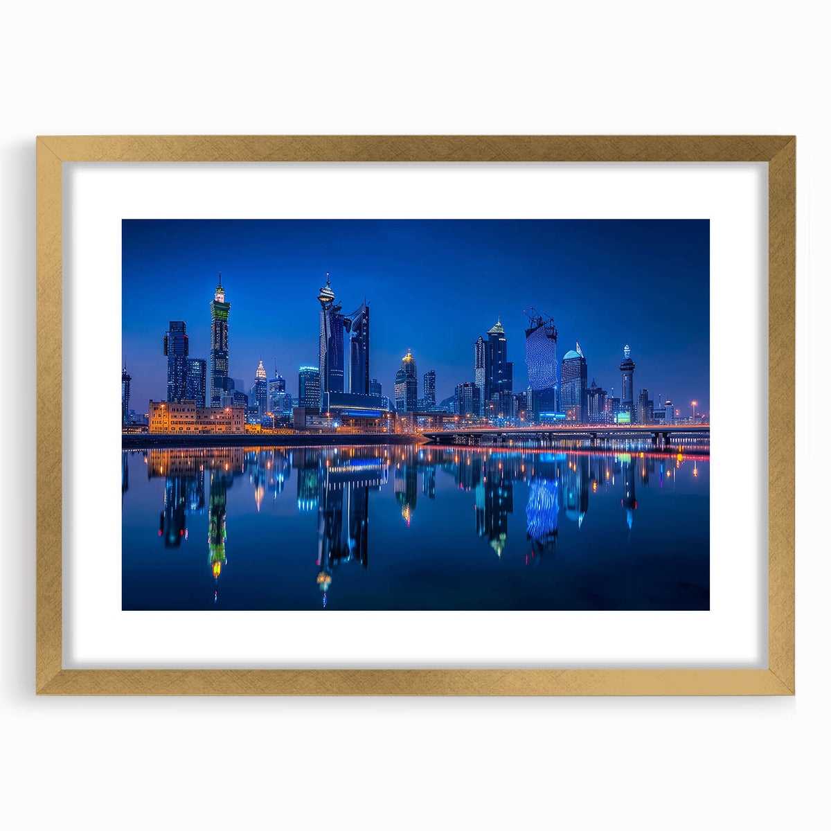 Extra large abstract art print depicting a textured Middle Eastern scenery in gold and earth tones, framed with mat.