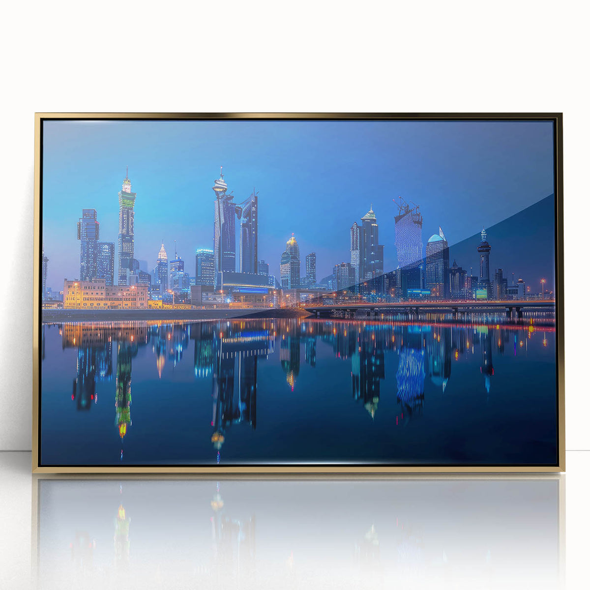 Framed acrylic print of a Saudi Arabian landscape in mid-century modernist style with gold and earth tones.