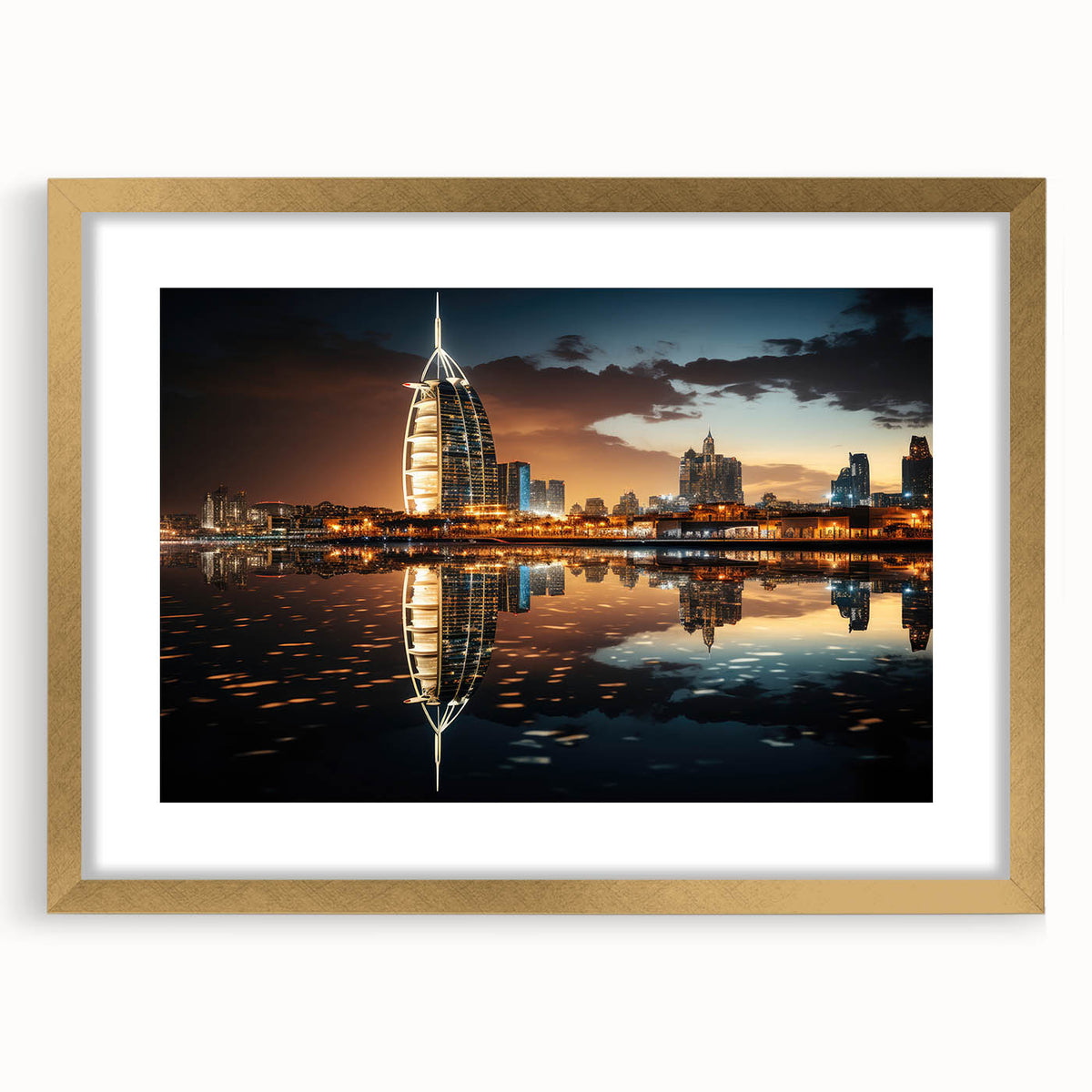 Extra large wall art featuring an abstract print of Emirates Burj Al Arab in textured gold and white tones on a framed…