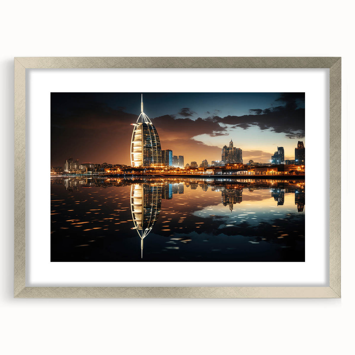 Textured art print of Burj Al Arab in muted blue and silver tones on a framed canvas, suitable for bedroom decor.