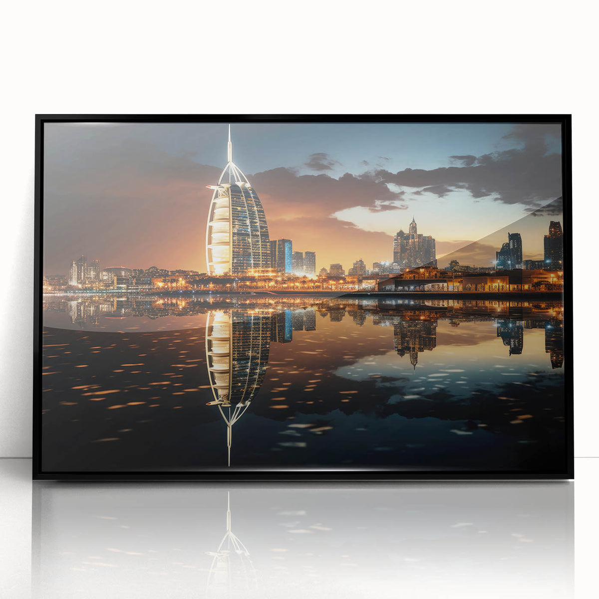 Large abstract wall art featuring the Burj Al Arab in muted blue tones on a framed acrylic.