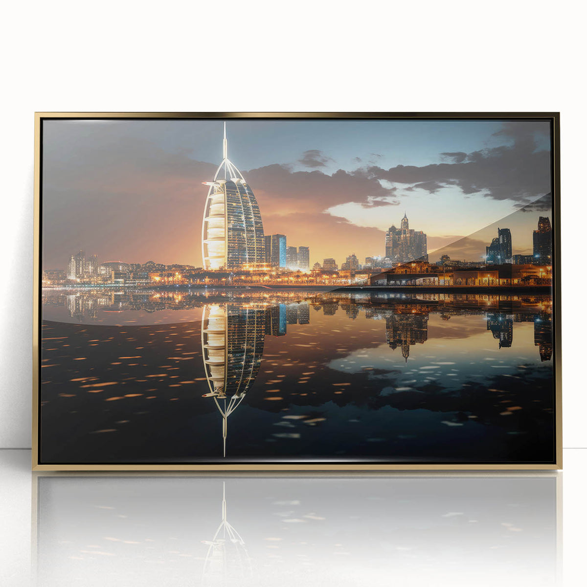 Mid-century modernist style large art print of the Burj Al Arab with gold accents on framed acrylic.
