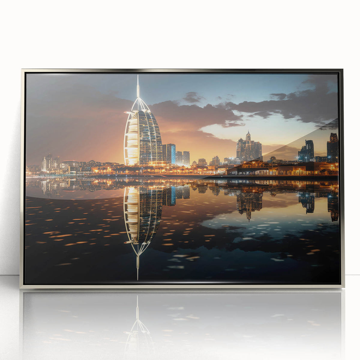 Mid-century modernist art depicting the Burj Al Arab in muted silver and gray tones on a framed acrylic print.