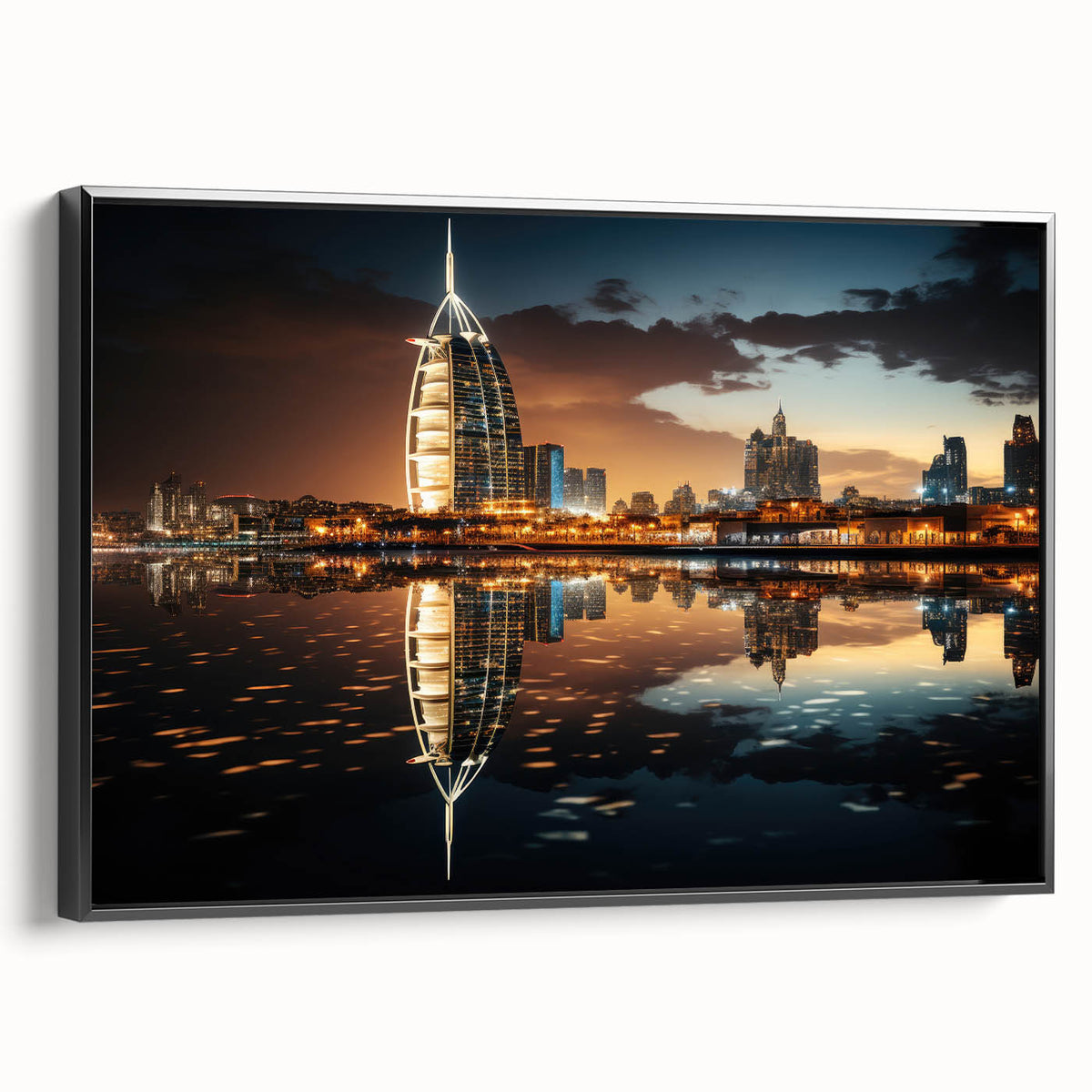 Black and white wall art featuring the Burj Al Arab landscape on framed canvas, suitable for bedroom decor.