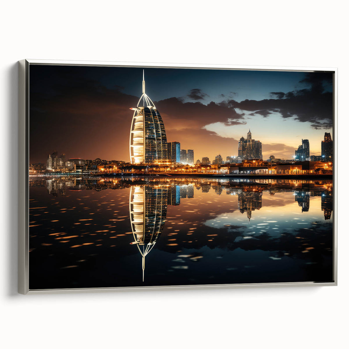 Framed canvas depicting the Burj Al Arab set against a vibrant sunset, ideal for adding a colorful accent to office spaces.