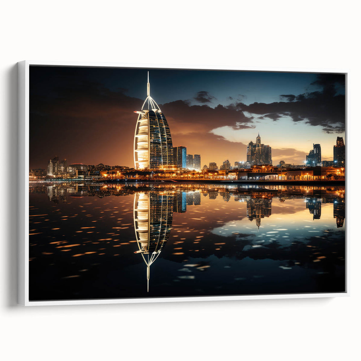 Vintage poster art featuring the Burj Al Arab in muted black and colorful accents on a large framed canvas.